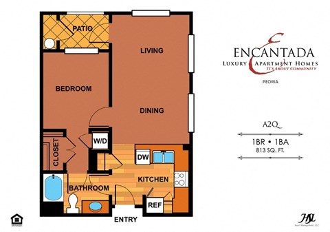 Encantada Peoria A2Q floor plan of a 1 bedroom apartment with a bathroom, dining room and a living room